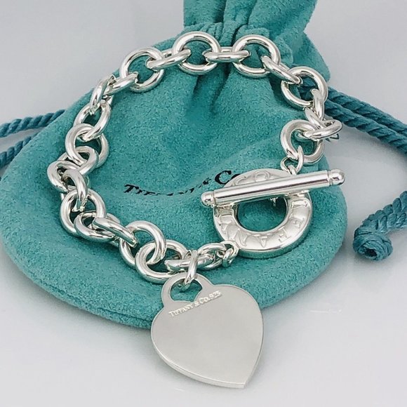 Large 9" Tiffany & Co Sterling Silver Blank Heart Tag Toggle Charm Bracelet - Picture 4 of 6